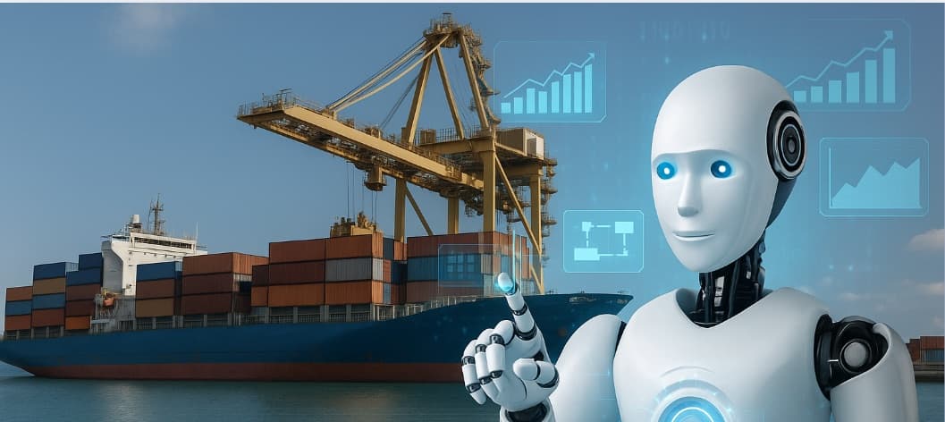Illustration of an AI robot assistant in front of a container ship and quay cranes, surrounded by analytics panels.