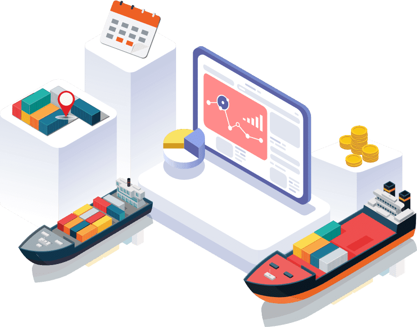Isometric illustration of digital shipping commerce: container vessels, an analytics dashboard, schedules and payments.