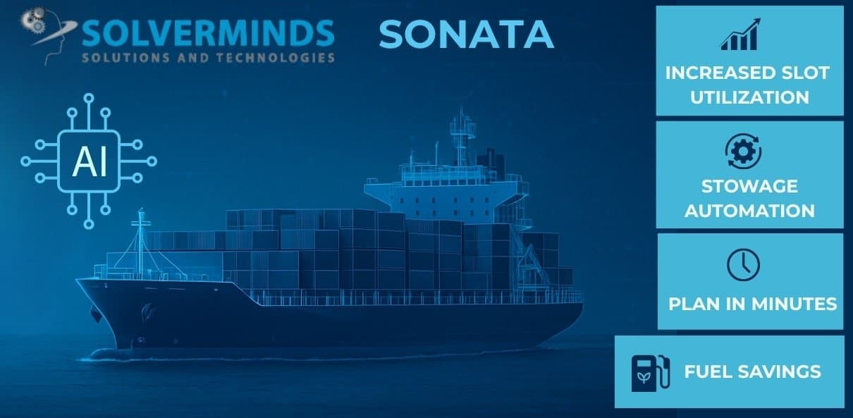 SONATA banner showing an AI-planned container vessel with callouts for increased slot utilization, stowage automation, planning in minutes, and fuel savings.