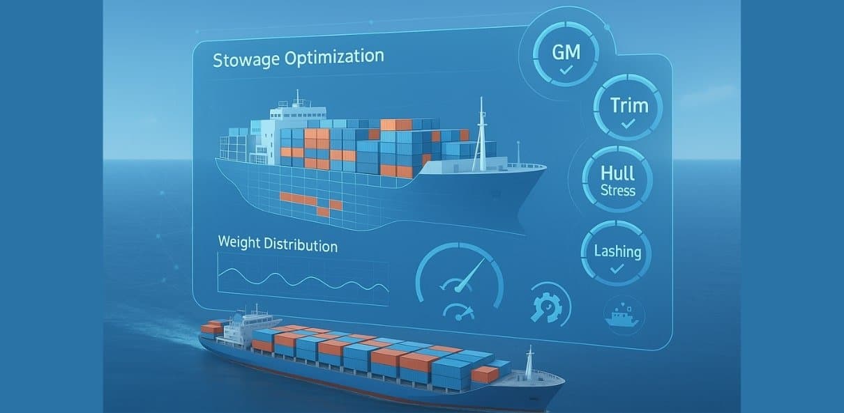 Stowage optimization panel showing a container vessel's weight distribution with GM, trim, hull stress and lashing checks all passing.