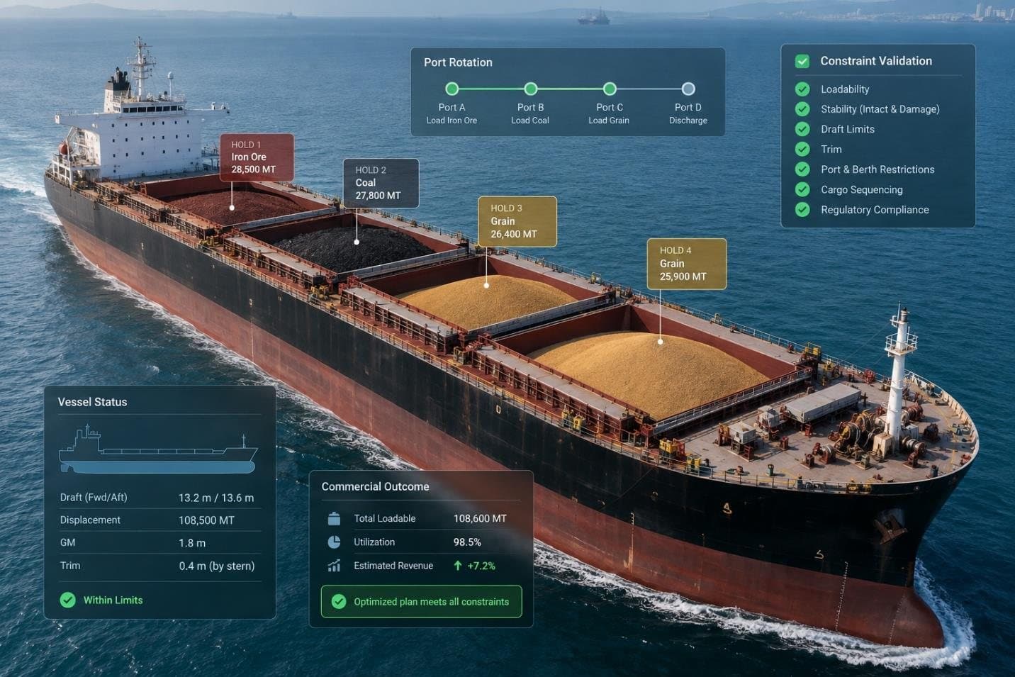 Bulk carrier at sea with hold-by-hold cargo allocations, port rotation, vessel status and constraint validation overlaid