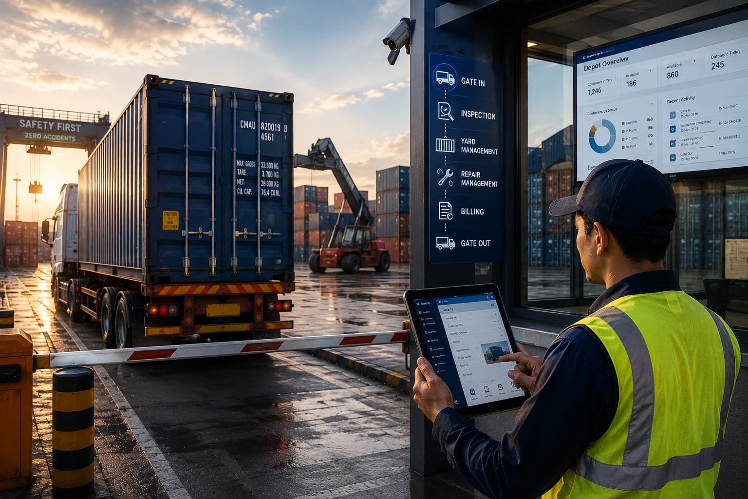 A depot gate with a container truck at the barrier and a hi-vis operator using the Solverminds DMS tablet app, beside a screen showing the connected workflow (Gate In, Inspection, Yard Management, Repair Management, Billing, Gate Out) and a live Depot Overview dashboard.