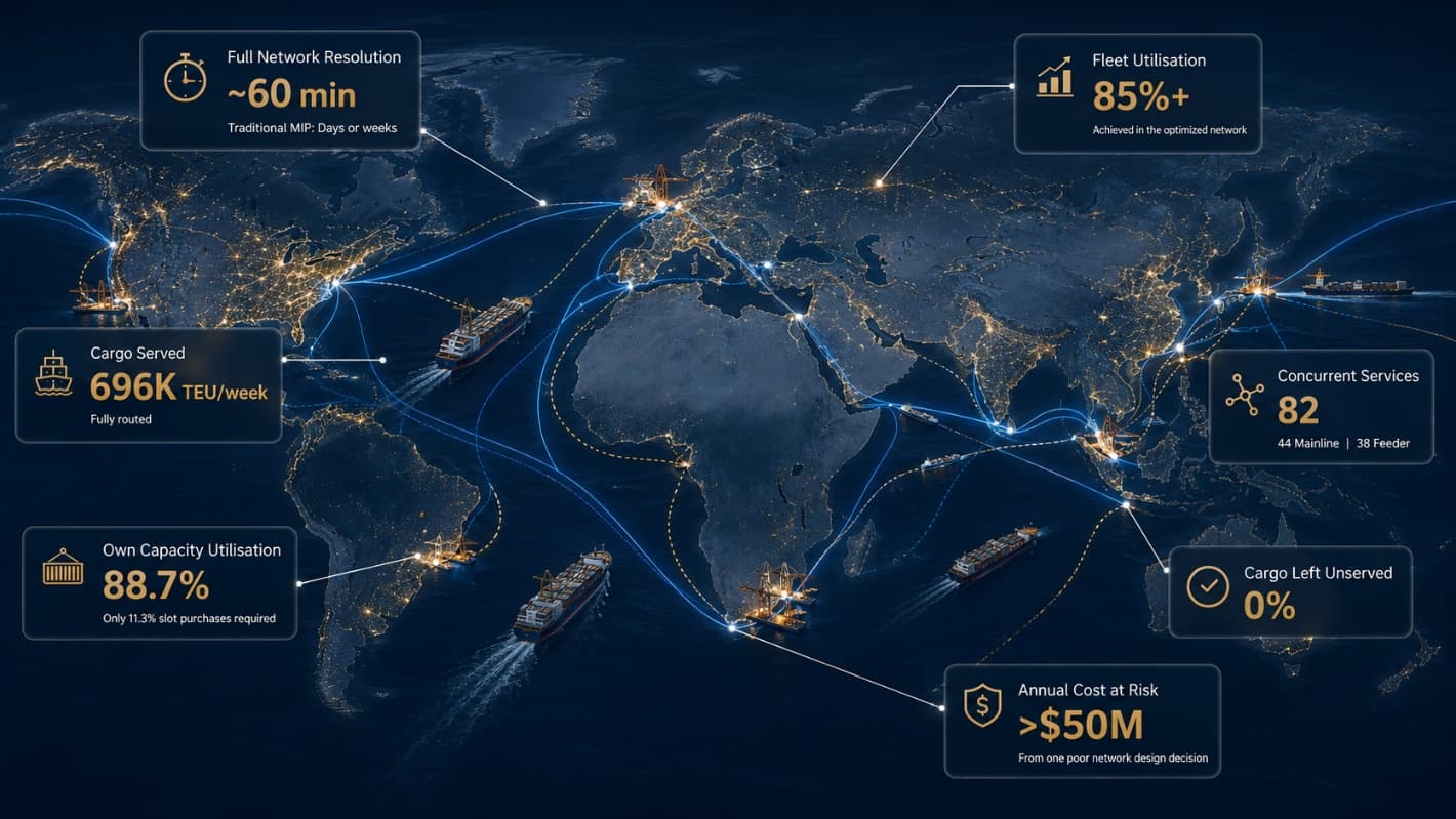 A global liner network mapped over a dark world map, annotated with validated results: 60-minute full network resolution, 85%+ fleet utilisation, 696K TEU per week routed, 82 concurrent services, 88.7% own-capacity utilisation, 0% cargo left unserved, and over $50M in annual cost at risk from one poor network decision.