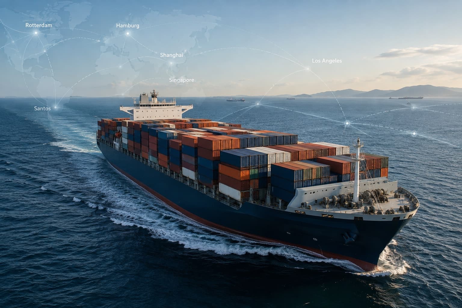 Container ship at sea with a liner network of port connections overlaid, including Rotterdam, Hamburg, Shanghai, Singapore, Los Angeles and Santos